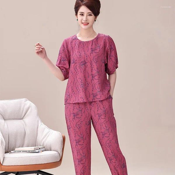 Vêtements de nuit pour femmes d'âge moyen maman coton 2023 été imprimé pyjama femme ensemble femme 2 pièces à manches courtes vêtements de détente XL-3XL grand