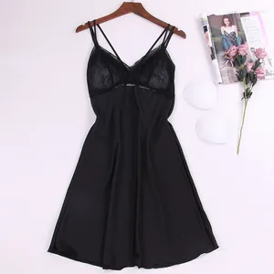 Vêtements de nuit pour femmes Mini dentelle Chemises de nuit Satin noir Mariée Chemise de nuit de mariage Sangle Vêtements de nuit Pijamas Été Pyjamas courts Dos nu HomeCloth