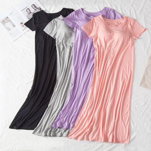 Ropa de dormir para mujer, copa acolchada de Modal en el pecho, vestido de manga corta alargado de Color sólido para el hogar, ropa de noche Sexy de estilo largo para mujer