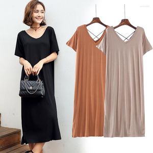 Ropa de Dormir para Mujer Vestido Modal Suelto Novedad Camisón por Encima de la Rodilla Camisones Largos Manga Corta Verano Negro Bata con Cuello en V