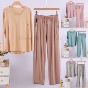 Pyjama Modal pour femmes, vêtements de nuit, pantalon à manches longues, deux pièces, ample, décontracté, vêtements de maison, couleur unie, vêtements de détente, printemps automne