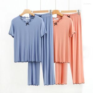 Vêtements de nuit pour femmes Pantalons modaux Pyjamas Femmes Printemps / Été Mode coréenne Simple Mince Manches courtes Bow Décor Tops avec pantalons longs Pijamas