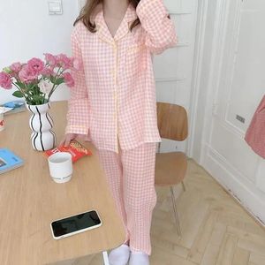 Vêtements de nuit pour femmes Modèle 2024 Femmes Pyjamas en coton Femme 2 pièces Ensemble Mode Relaxation Pijama Plaid Vêtements de nuit Automne Confortable Loungewear