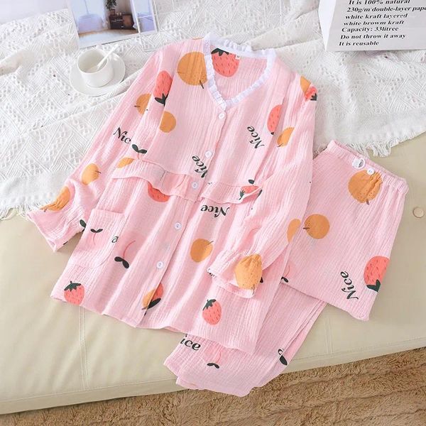 Ropa de dormir para mujer Madre amamantamiento Pijamas Conjunto Estilo coreano Algodón Lavado Crepe Fruta Ropa de confinamiento fino Cuello en V Enfermería de encaje