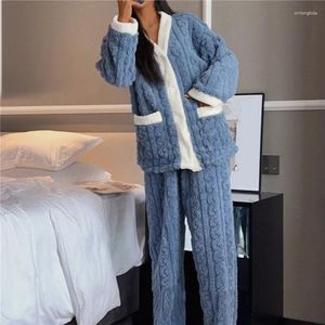 Ropa de dormir para mujer, pijamas de invierno para mantener el calor, conjunto de dos piezas de lana gruesa de manga larga para mujer