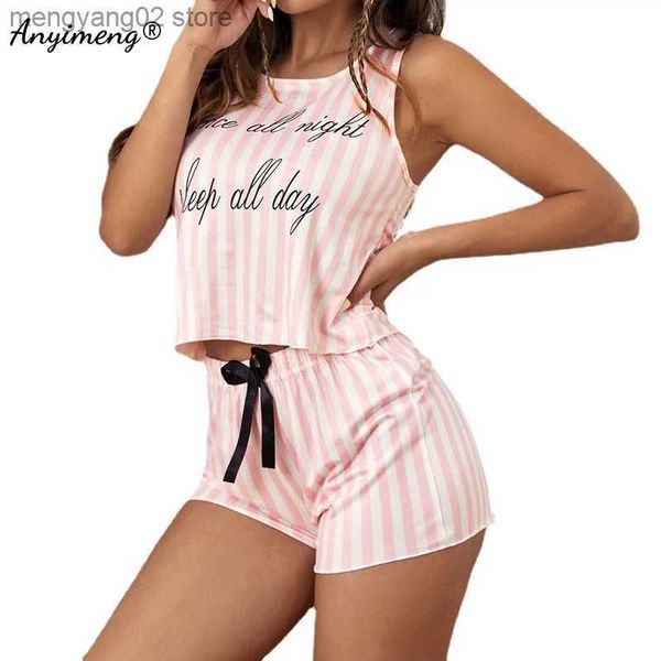 Vêtements de nuit pour femmes New Summer Milk Silk Slip Pyjamas pour femmes Stripe 2 Pièces Style simple Sexy Lingerie Vêtements de nuit sans manches Pijamas pour filles T230523