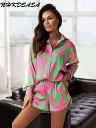 Vêtements de nuit pour femmes NHKDSASA Homewear Print Shorts Costumes Femme Vintage Chemise à manches longues et pantalons courts Costume Deux pièces Ensemble Femme Casual Outfit 230310