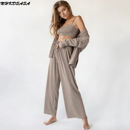 Dames slaapkleding NHKDSASA BREEDS Dames nachtkleding 3 -delige sets Casual lange mouw pyjama's vrouwelijke spaghetti -band crop top zomer broek pakken 230503