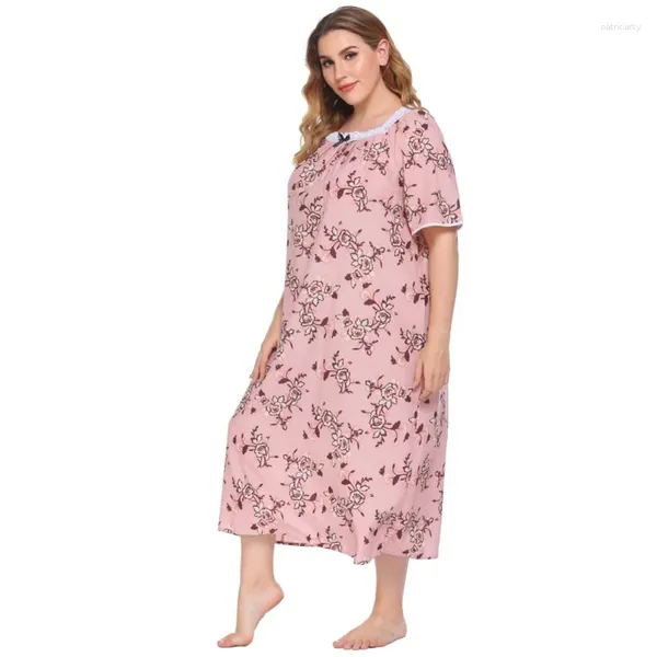 Ropa de Dormir para Mujer Camisón con Costuras de Encaje Pijamas Longuette Camisón con Estampado Floral Albornoz de Manga Corta Ropa Informal cómoda para el hogar