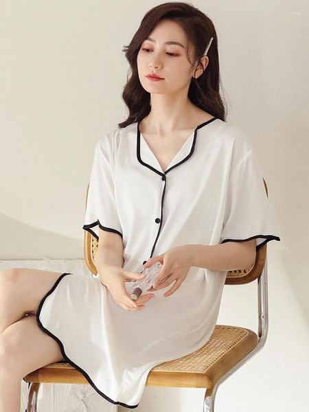 Ropa de dormir para mujer Camisón de manga corta Camisón de satén Camisón blanco dulce Suelto Verano Sexy Seda de hielo Túnica vintage Ropa para el hogar