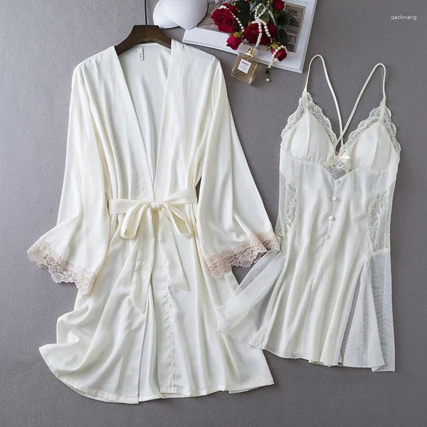 Vêtements de nuit pour femmes, chemise de nuit, mariée, dentelle, été, vêtements de maison, ensemble 2 pièces, costume, Lingerie, Robe en satin, peignoir de mariage