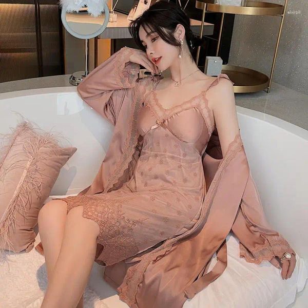 Vraies de nuit pour femmes Solidcolor Spring and Summer Silk Sling Sling V-Neck Lace-Up Two-Piece Sexy Bathrobe adulte