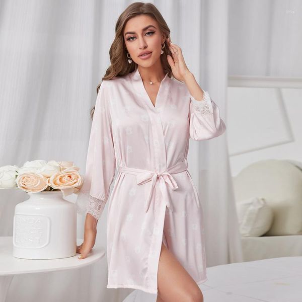 Ropa de dormir para mujer Camisón Pijama de seda de hielo Verano Encaje sexy Manga larga Vestido de mañana Albornoz de longitud media Vestidos de dama de honor Ropa de dormir