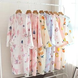 Ropa de dormir para mujer Camisón Ocio Ropa para el hogar Vestido lindo Noche Baño Pijamas Estampado Manga Cardigan para mujeres largas Batas dulces Algodón