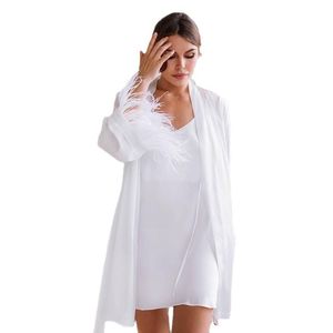 Dames slaapkleding nachthemd pak veer versierde zijde-achtige comfortabele pyjama-nachtjurk lingerie set met rooads