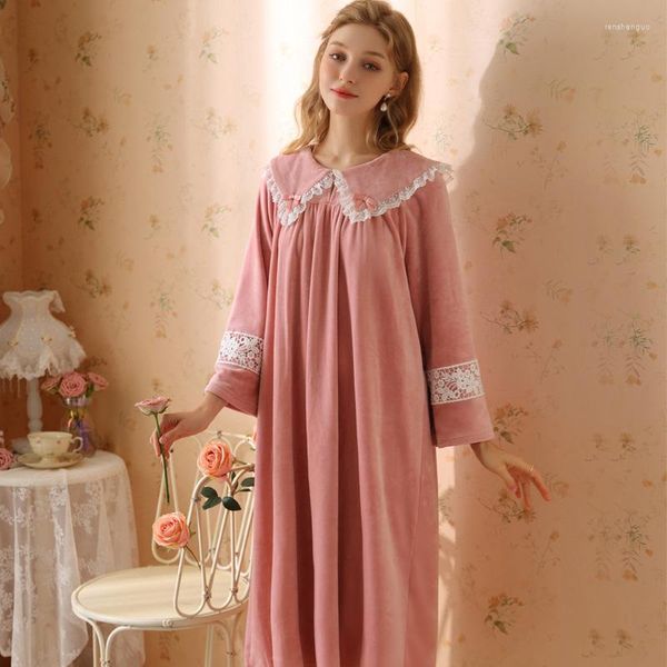 Vêtements de nuit pour femmes, chemise de nuit d'hiver, flanelle mignonne à manches longues, vêtements de maison, robe de princesse française, pyjama épais en molleton de corail pour fille