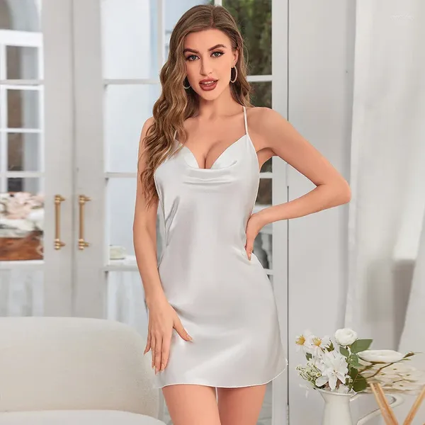 Vêtements de nuit pour femmes Chemises de nuit pour femmes sans manches longues robes de nuit en satin de soie Chemise Lingerie Slip Robe Sexy Nightwear Lady