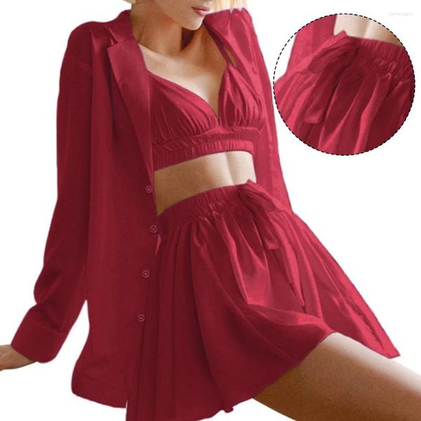 Vrouwen Nachtkleding Nachthemden Pyjama Sets Herfst Lente Driedelige Vrouwen Pyjama Lange mouwen Badjas Loungewear Sexy Bretels