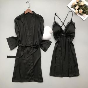 Dames slaapkleding Nachtkleding Zwart Satijnen kanten Kimono Bathrobe jurk vrouwen sexy 2pcs Nightyrobe Pak Huiskleding Casual nachthemd
