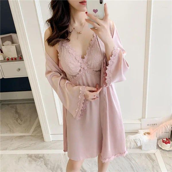 Ropa de dormir para mujer Ropa de dormir Satén Mujer Encaje 2PCS Conjunto de bata de kimono Ropa de descanso Albornoz sexy Lencería íntima Con cuello en V Bata para el hogar