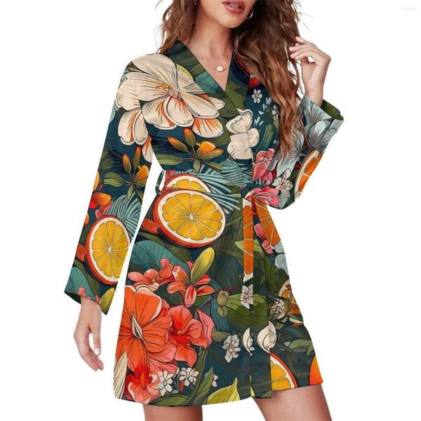 Ropa De Dormir para Mujer Naranjas Pijama Bata Mujer Flores Estampado Cómodo Camisón Manga Larga Cuello En V Pijamas Gráficos Batas Vestido De Moda Diaria