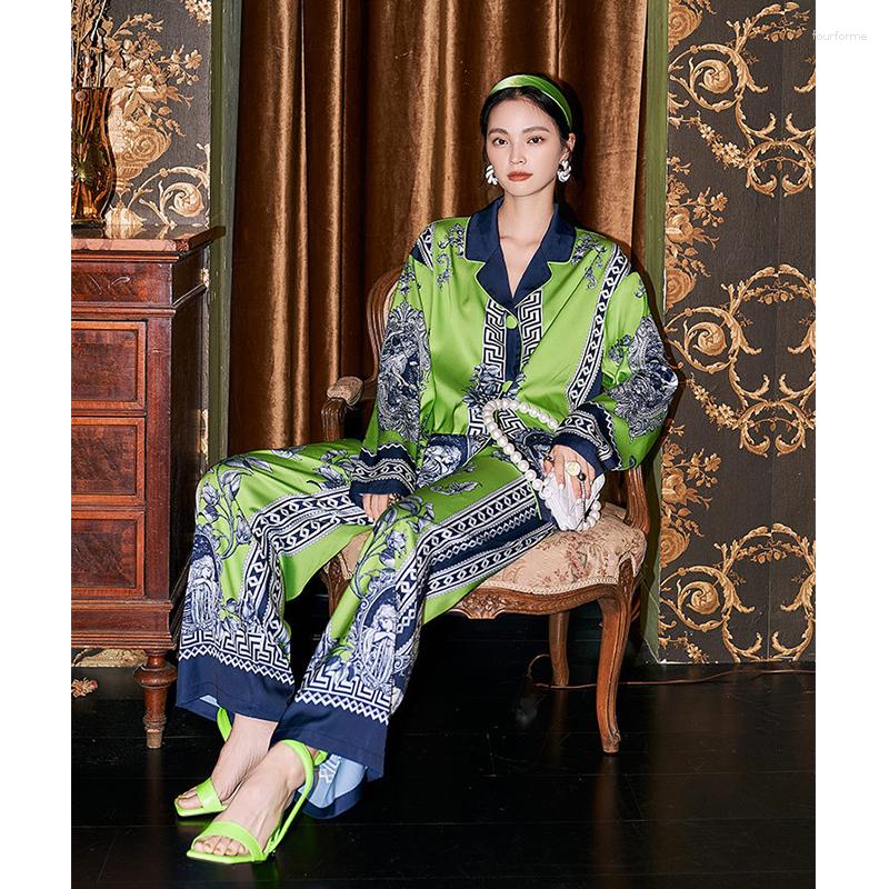 Women's Sleepwear Original Bohemian Style High-grade Pajamas For Women Spring And Autumn Long Sleeve Ice Silk Set Female Green