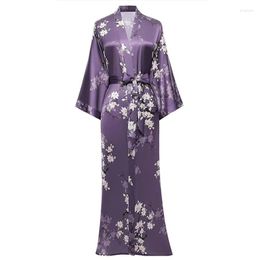 Vêtements de nuit pour femmes Oversize Women Long Kimono Robe Print Satin Peignoirs V-Neck Loose Sleepdress Chemise de nuit avec ceinture Rayon Robe Loungewear