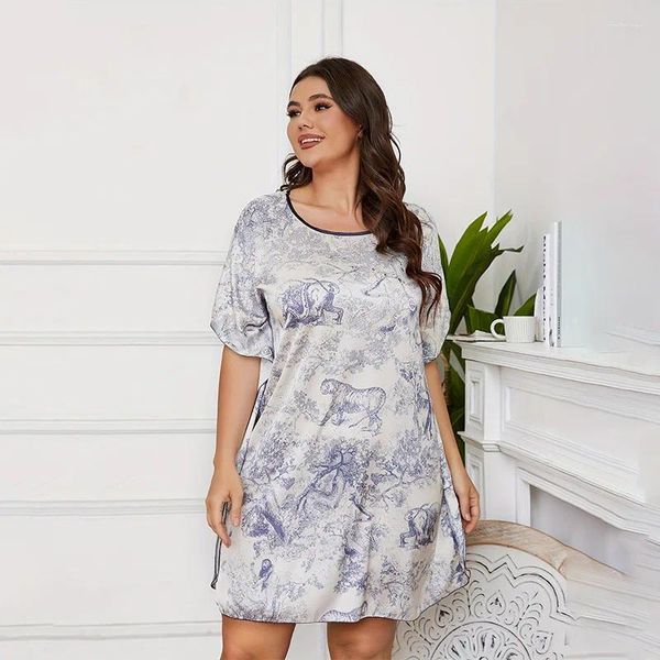 Ropa de dormir para mujer, camisón de talla grande XL-4XL con cuello redondo, bata holgada con estampado corto para casa, ropa de dormir de verano, lencería