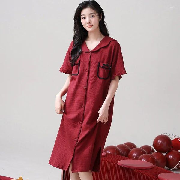 Ropa de dormir para mujer Vestido de pijama para verano Algodón puro Manga corta Rojo Simple Longitud media Ropa para el hogar Nudo Boda Vestido femenino V-NEC