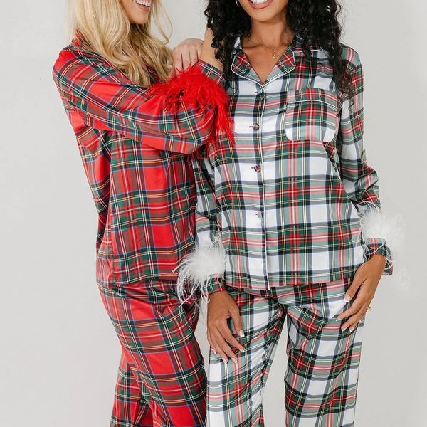 Femmes vêtements de nuit pyjama ensemble 2 pièces plume Plaid sous-vêtements à manches longues revers boutonné chemise hauts et pantalons ensembles 231213