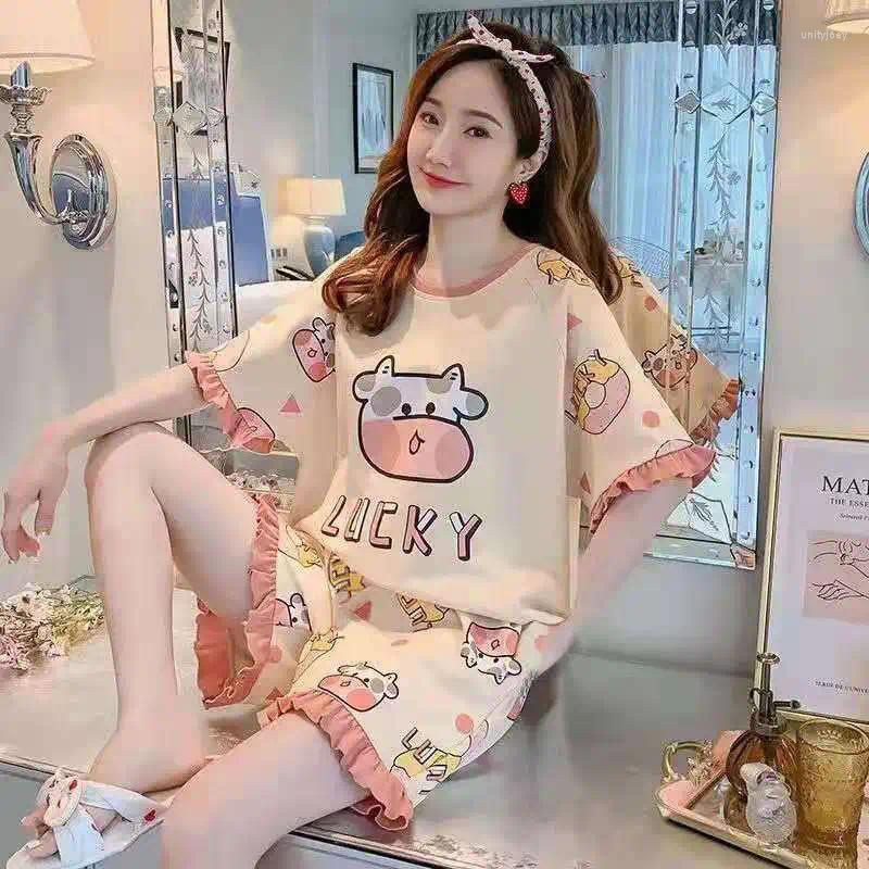 Ensemble pyjama 2 pièces pour femmes, T-shirt à manches courtes et Short avec motif de dessin animé de vache, doux et décontracté