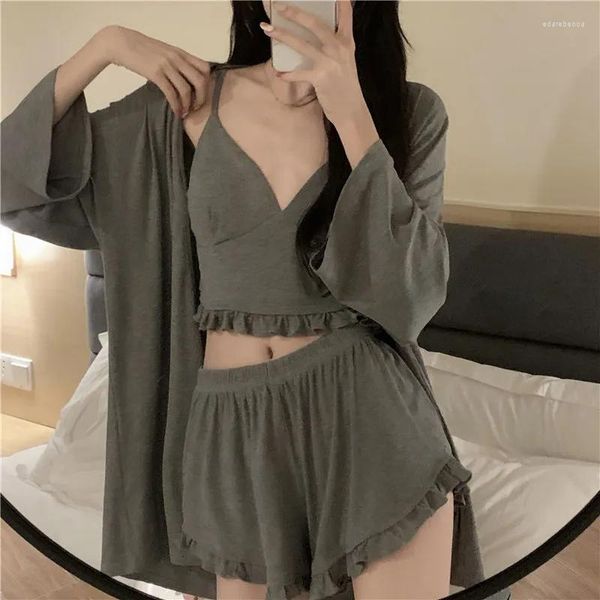 Ensemble de pyjama de vêtements de nuit pour femmes Femme 3 pièces Sexy Bretelles Short ample Femmes Printemps Et Été Chemise de Nuit Japonaise à Manches Longues