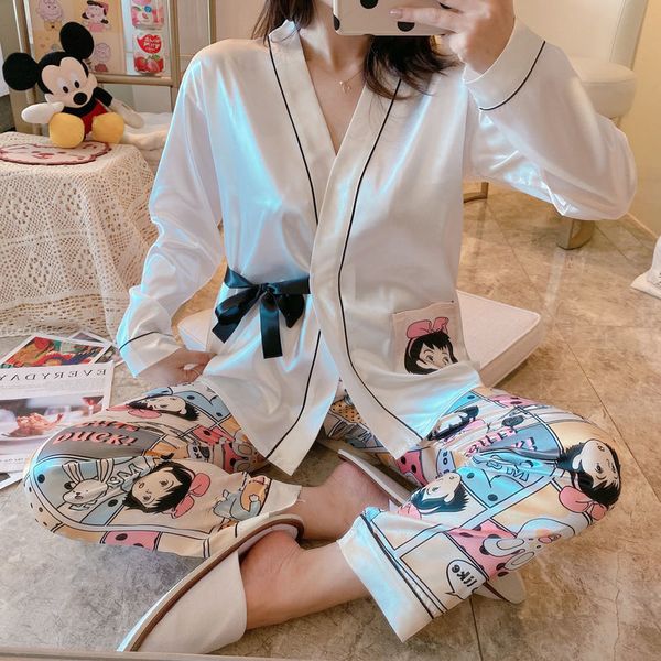 Pyjama de nuit pour femmes ensemble femmes satin de soie glacée printemps automne dentelle japonaise mignon kimono été maison porter costume kawaii pyjamas femmes 230515