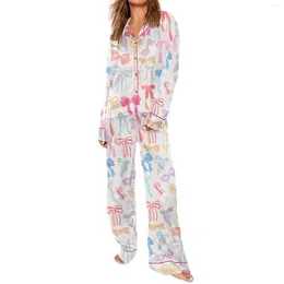 Nachtkleding voor dames Pyjamasets Loungewear-set Cartoonprint Overhemd met reversknopen met lange mouwen en elastische taille Broek 2-delig