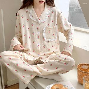 Juegos de pijama de ropa de dormir para mujeres Collar de giro de manga larga Autumn Sprin Floral Fresa impresa Kawaii Trendy Womens 2pcs pijama