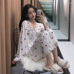 Ropa de dormir para mujer Conjuntos de pijamas Mujer Manga larga Estampado Moda Chic Encaje Dulce Encantador Simple Suelto Casual Con cuello en V Un solo pecho Acogedor