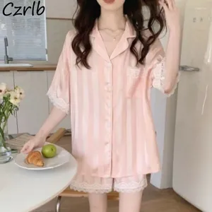 Vêtements de nuit pour femmes Pyjama Ensembles Femmes Rose Dentelle Été Baggy Vintage Élégant Confortable Casual Panneau Femme Maison Nighty Tender 2024