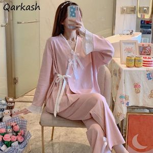 Pyjama de vêtements de nuit pour femmes définit les femmes simples manches longues quotidiennes à la tendance chic v col en v-couche japonais de style japonais