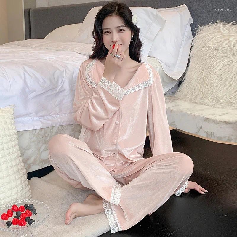 Women's Sleepwear Pajama Spring Golden Velvet Long Sleeved Set Lace Sweet Autumn And Winter Pijamas Nightwear Homewear