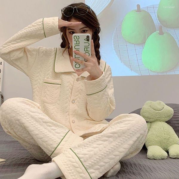 Pyjamas de vêtements de nuit pour femmes automne et hiver col de poupée épaissi Sandwich Air coton Internet célébrité doux étudiant Homewear vêtements d'extérieur