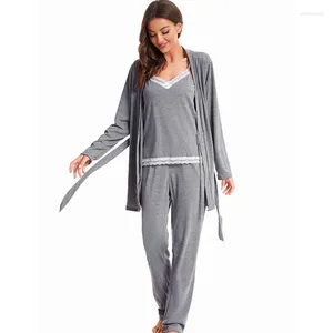 Dames nachtkleding pyjama katoenen vest lange mouw top broek driedelige set voor huiskleding pijama feminino slapen
