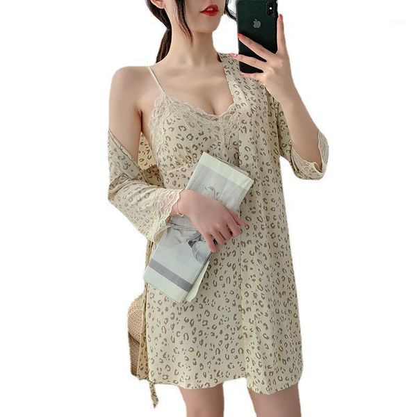 Ropa de dormir para mujer Pijamas Vestido de noche para mujer Batas Primavera Verano Szata Zestawy Seda de hielo Camisón con tirantes sexy Cuello en V Conjunto de dos piezas Inicio Se