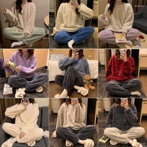 Pyjamas de nuit pour femmes pour femmes automne à manches longues en molleton de corail épaissi chaud deux pièces ensemble pull haut pantalon loungewear Pijamas