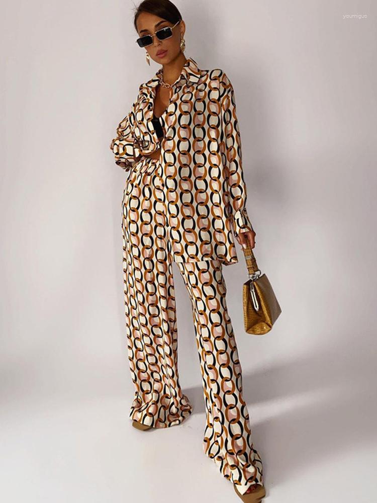 Kvinnors sömnkläder pyjamas för kvinnor Fashion Loose Print 2 Piece Set Outfit 2023 Elegant långärmad blus med höga midja breda benbyxor