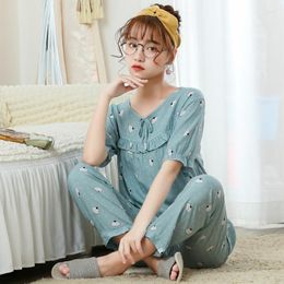 Pyjamas de nuit pour femmes dames printemps et été coton Szlafrok à manches courtes costume mince dessin animé coréen décontracté service à domicile vêtements de nuit