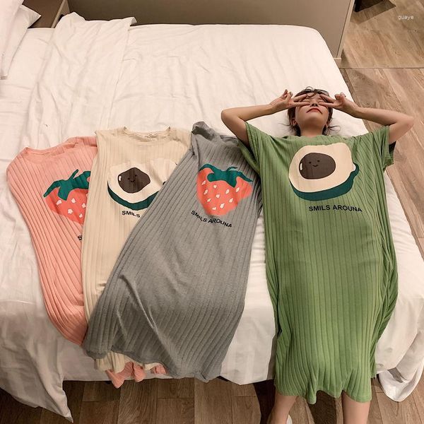 Ropa de dormir para mujer, pijamas, vestido largo, algodón de dibujos animados coreanos, ropa holgada y linda de verano, ropa, bata de dormir Sexy, batas para dormir para mujer