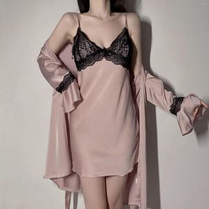 Pyjama deux pièces à manches longues pour femmes, vêtements de nuit Sexy, dos nu, en soie glacée, chemise de nuit, pur désir, vêtements de maison charmants