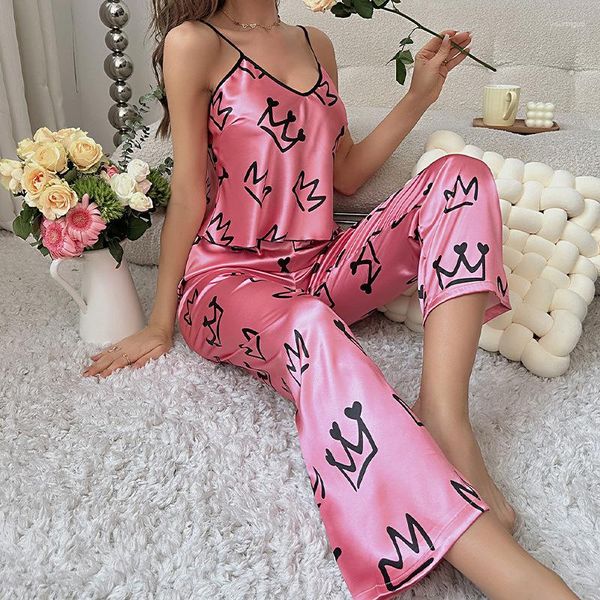 Conjunto de pijamas para mujer, Tops sin mangas con estampado de mariposas y pantalones largos, traje de pijama de seda satinada, lencería Sexy para el hogar