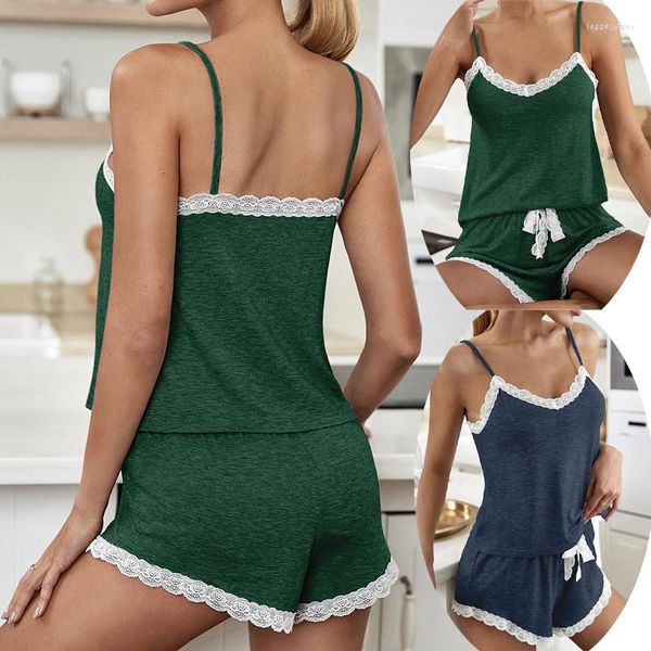 Conjunto de pijamas femininos com patchwork de renda Cami Shorts terno com decote em V para pijama de lingerie sexy feminino doce fofo para casa verão