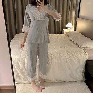 Dames Nachtkleding Pyjama Set Lange Mouw Tops Broek 2 Stuks Losse Lounge Sets Dames Pyjamabroek Sexy Kant V-hals Homewear